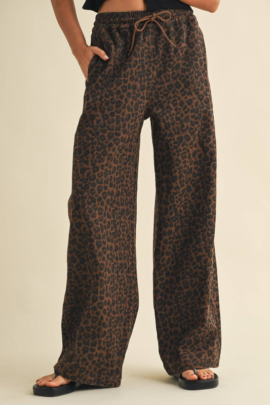 Leopard Print Wide Leg Drawstring Pants