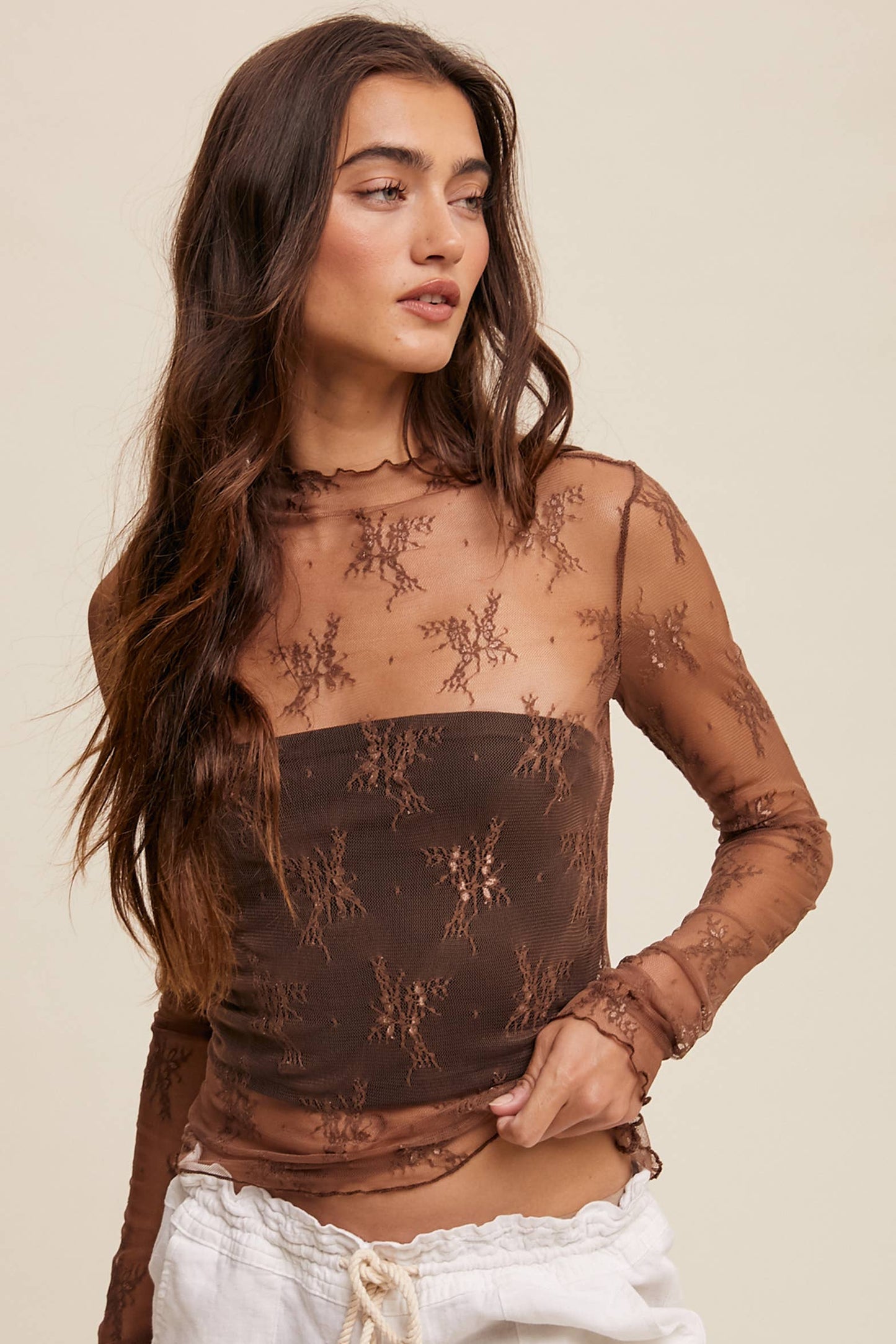 Sheer Lace Long-Sleeve  Mocha
