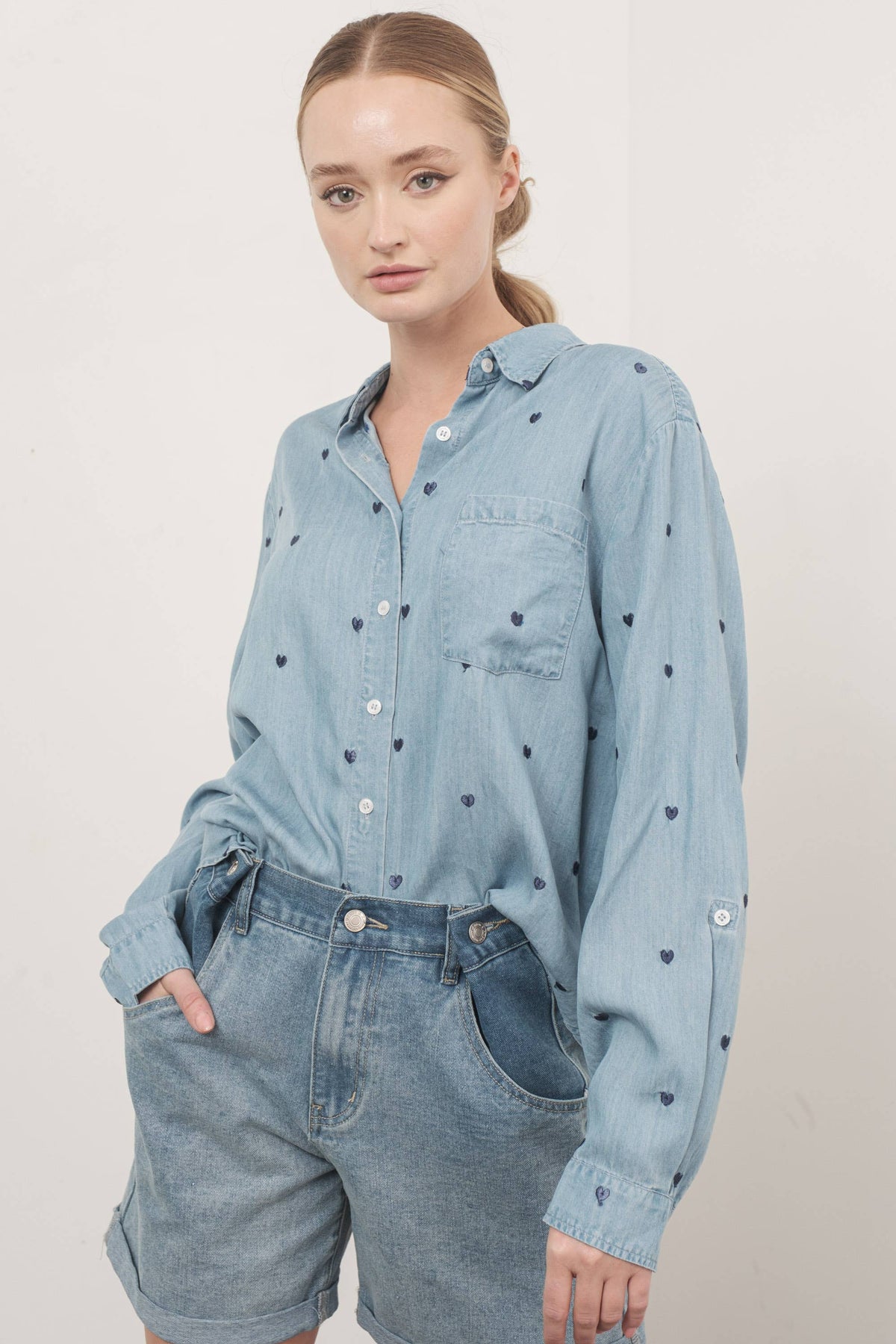 HEART EMBROIDERED DENIM SHIRTS