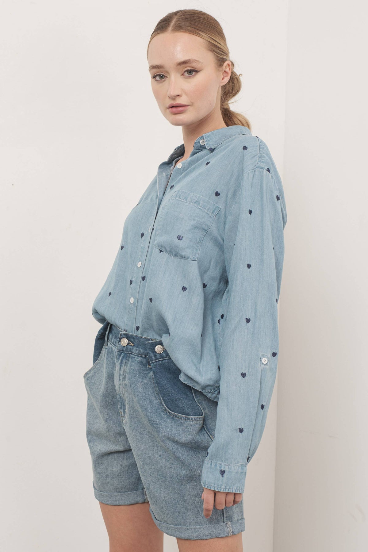 HEART EMBROIDERED DENIM SHIRTS