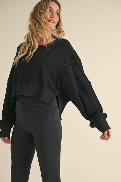 Cropped Waffle Knit Oversized Long Sleeve
