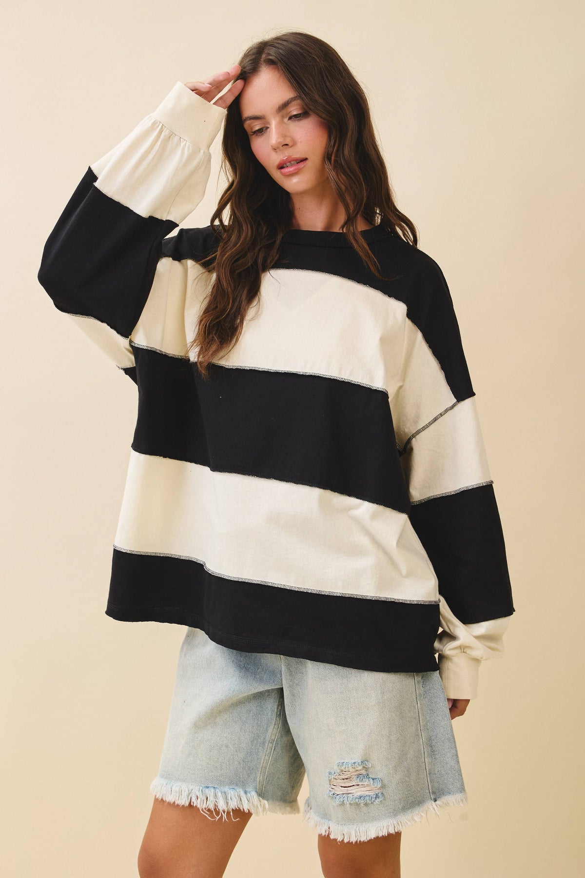 8551GN Oversized Color Block Long Sleeve Pullover: White Brownie / Contemporary / M