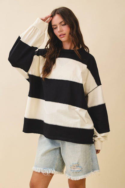 8551GN Oversized Color Block Long Sleeve Pullover: White Brownie / Contemporary / M