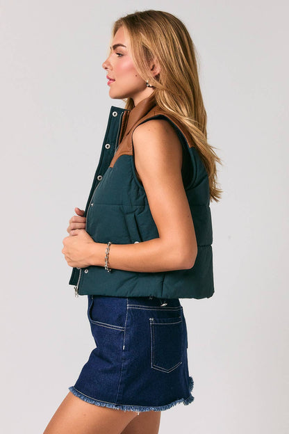 WESTERN FAUX LEATHER CONTRAST PADDED VEST