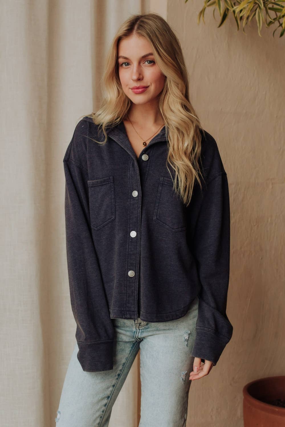 Navy Cropped Washed Soft Button Up