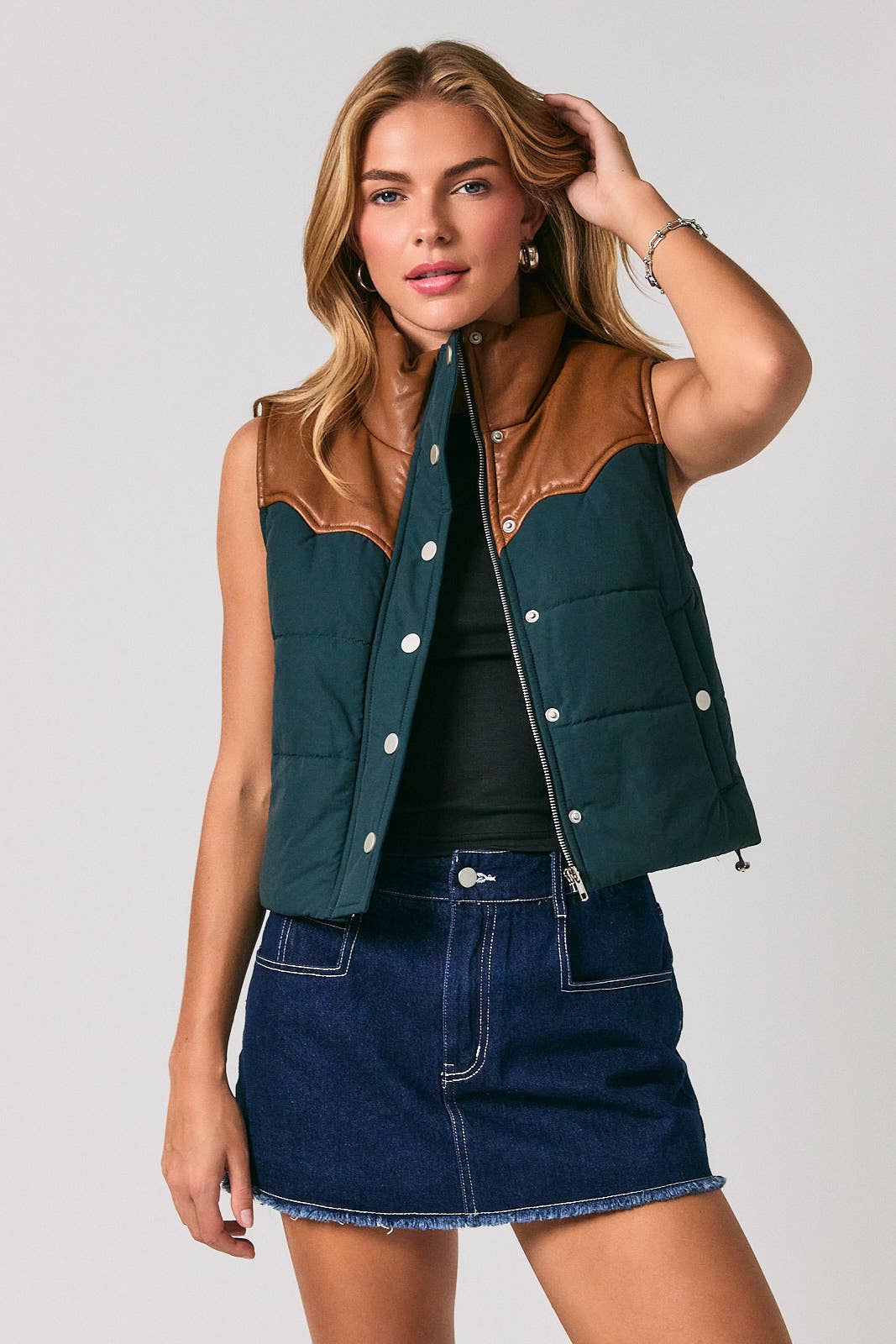 WESTERN FAUX LEATHER CONTRAST PADDED VEST