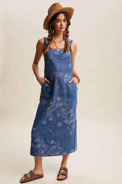 Floral Embroidered Denim Overall Dress