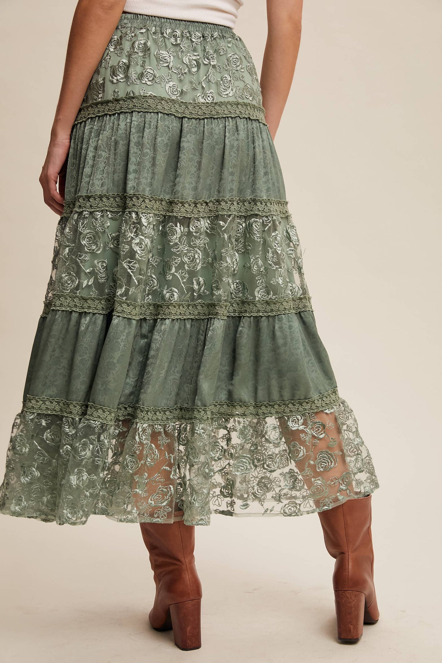 Floral Embroidered Tiered Maxi Skirt
