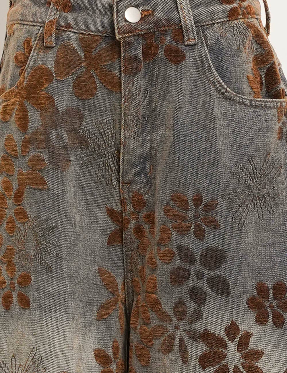 Floral Print Fleece Lined Wide Leg Denim Pants