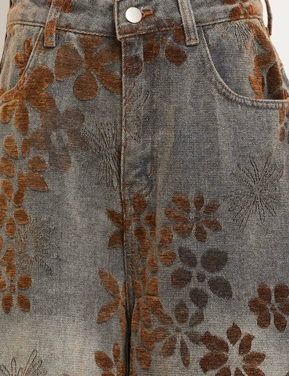 Floral Print Fleece Lined Wide Leg Denim Pants