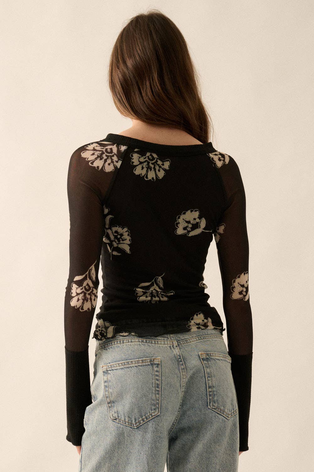 Floral-Print Mesh Raglan-Sleeve Henley Top