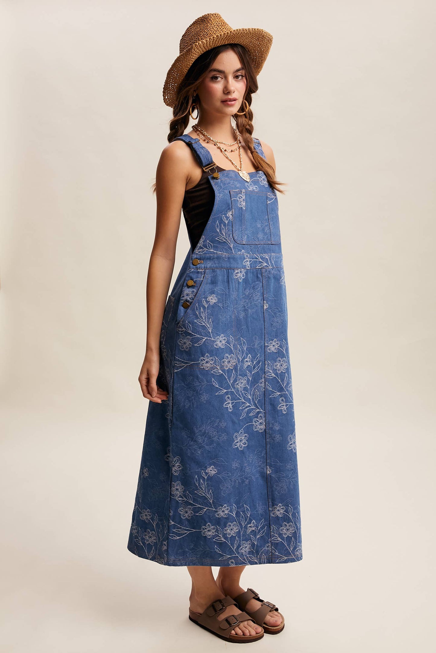 Floral Embroidered Denim Overall Dress