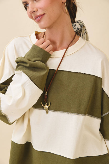8551GN Oversized Color Block Long Sleeve Pullover: White Brownie / Contemporary / M