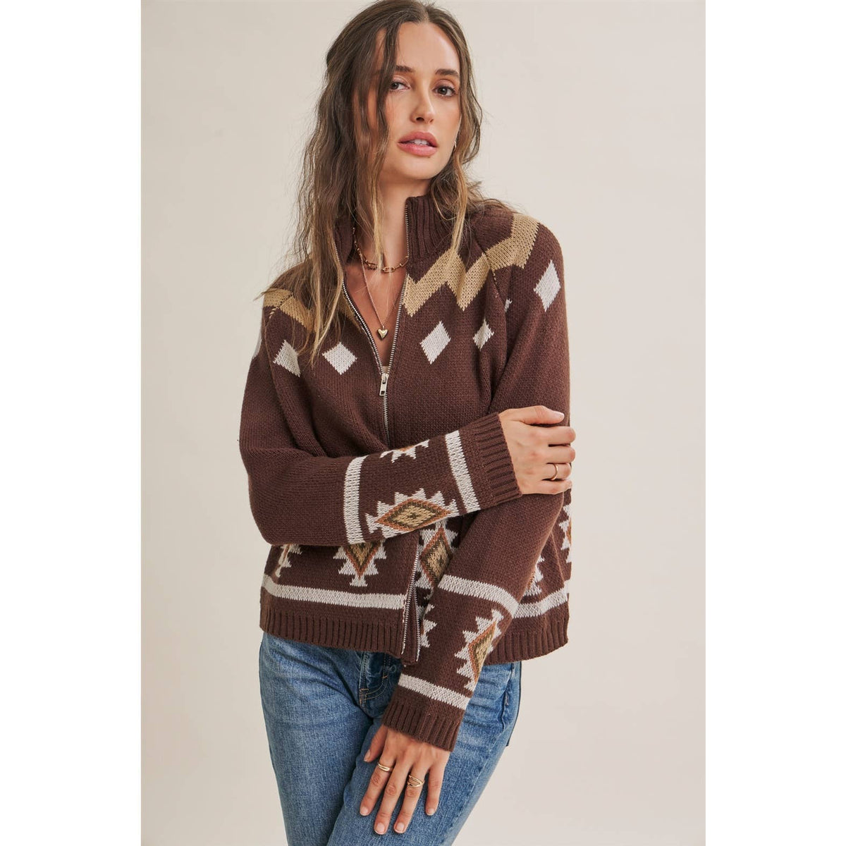 RUSTIC ESCAPE FAIR ISLE 2-WAY ZIP MOCK NECK SWEATER JACKET