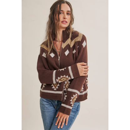 RUSTIC ESCAPE FAIR ISLE 2-WAY ZIP MOCK NECK SWEATER JACKET