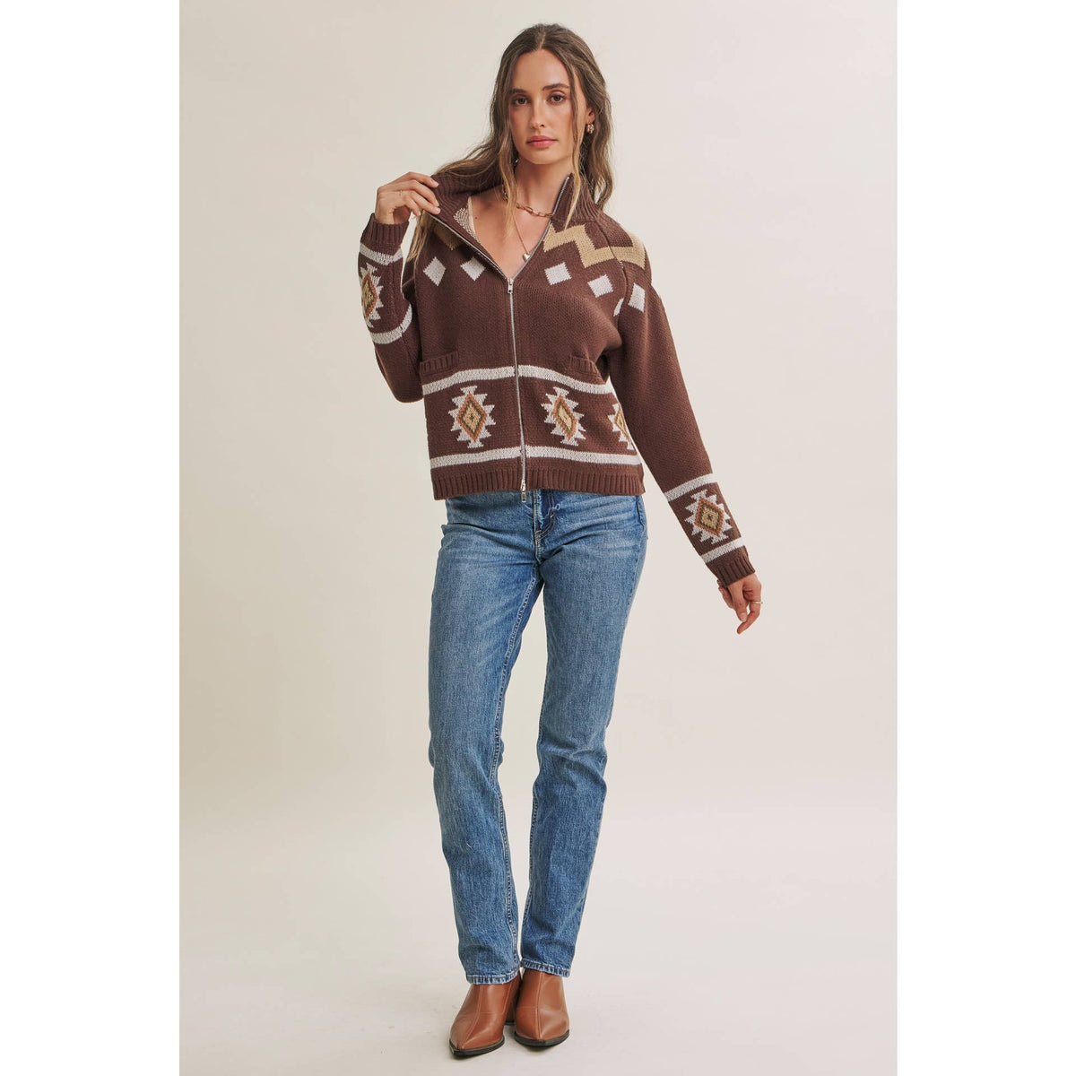 RUSTIC ESCAPE FAIR ISLE 2-WAY ZIP MOCK NECK SWEATER JACKET