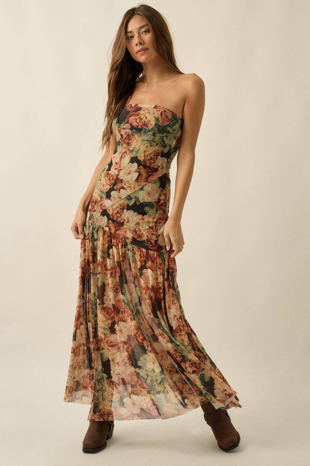 Floral Mesh Strapless Maxi Dress