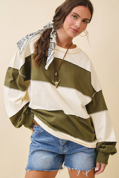 8551GN Oversized Color Block Long Sleeve Pullover: White Brownie / Contemporary / M
