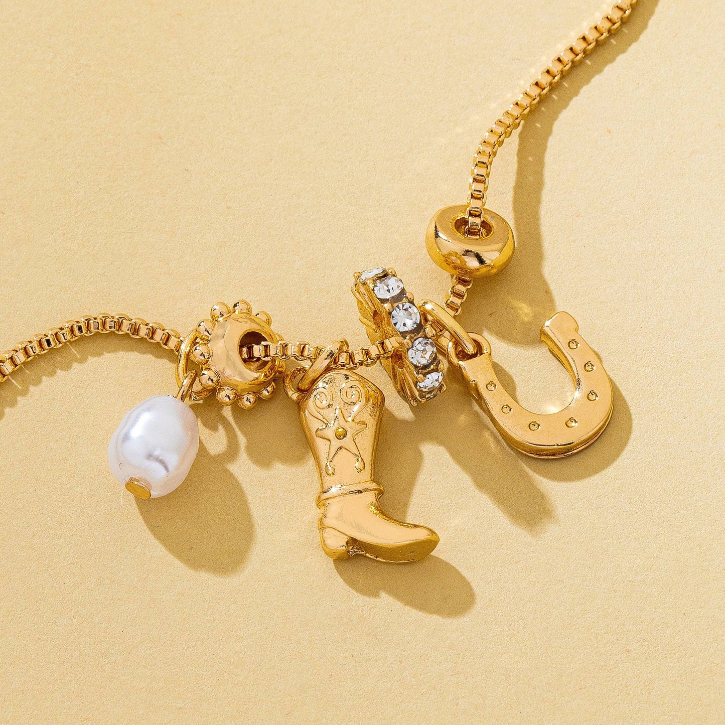 Western Boot Horseshoe Pearl Charm Necklace