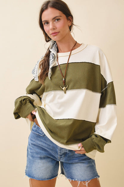 8551GN Oversized Color Block Long Sleeve Pullover: White Brownie / Contemporary / M