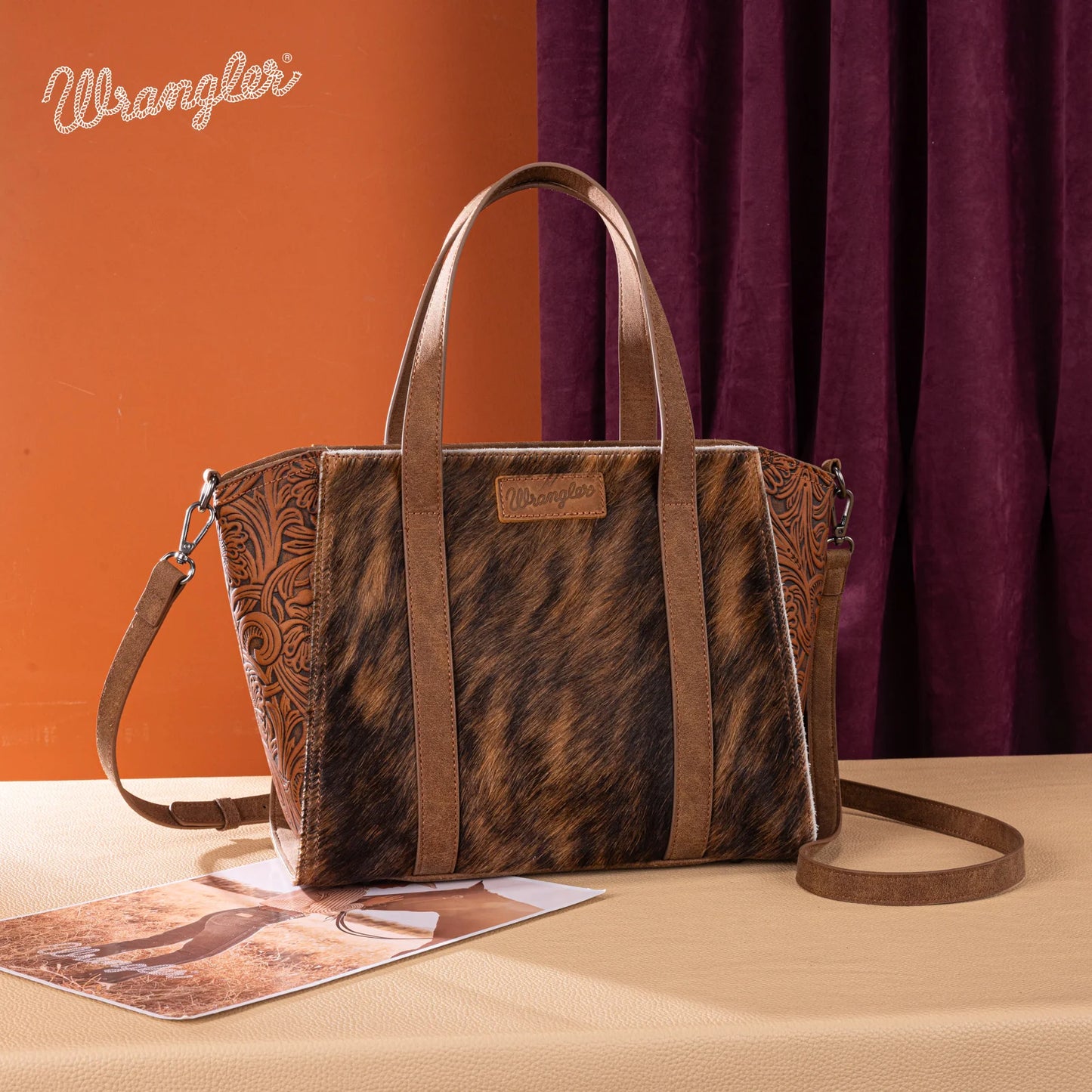 Wrangler Genuine Hair-On Cowhide Wide Tote/Crossbody- Brown