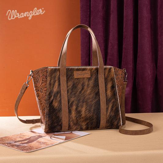 Wrangler Genuine Hair-On Cowhide Wide Tote/Crossbody- Brown