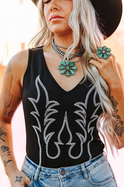Boot-Stitch Embroidered V Neck Bodysuit