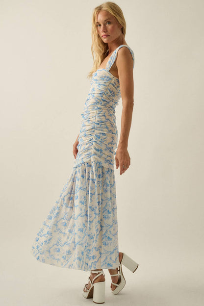 Floral-Print Mesh Ruched Drop-Waist Maxi Dress