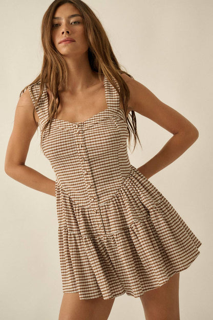 Gingham Sleeveless Fit-and-Flare Tiered Ruffle Romper