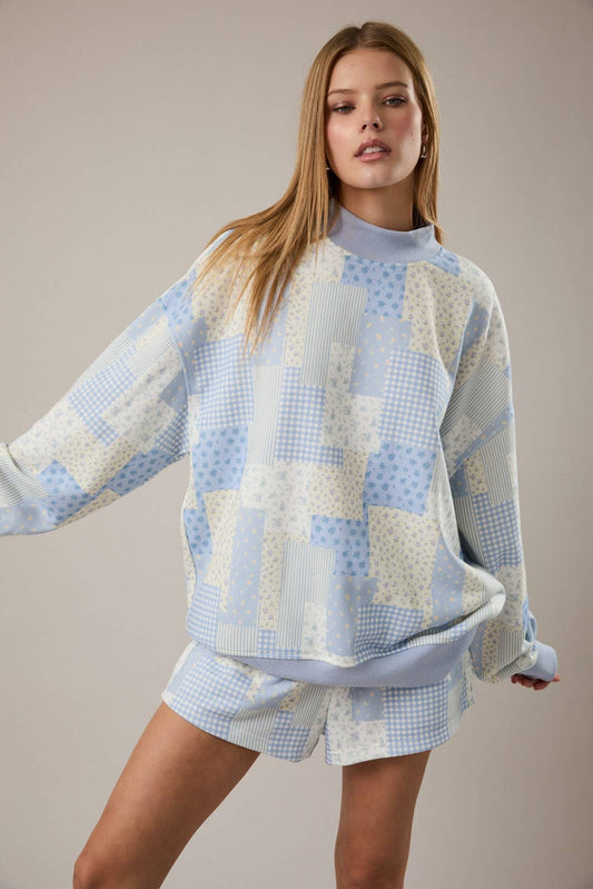 Patchwork Print Mockneck Sweatshirt