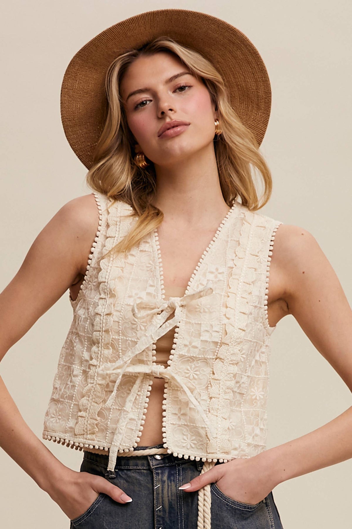 Embroidered Lace Tie-Front Vest
