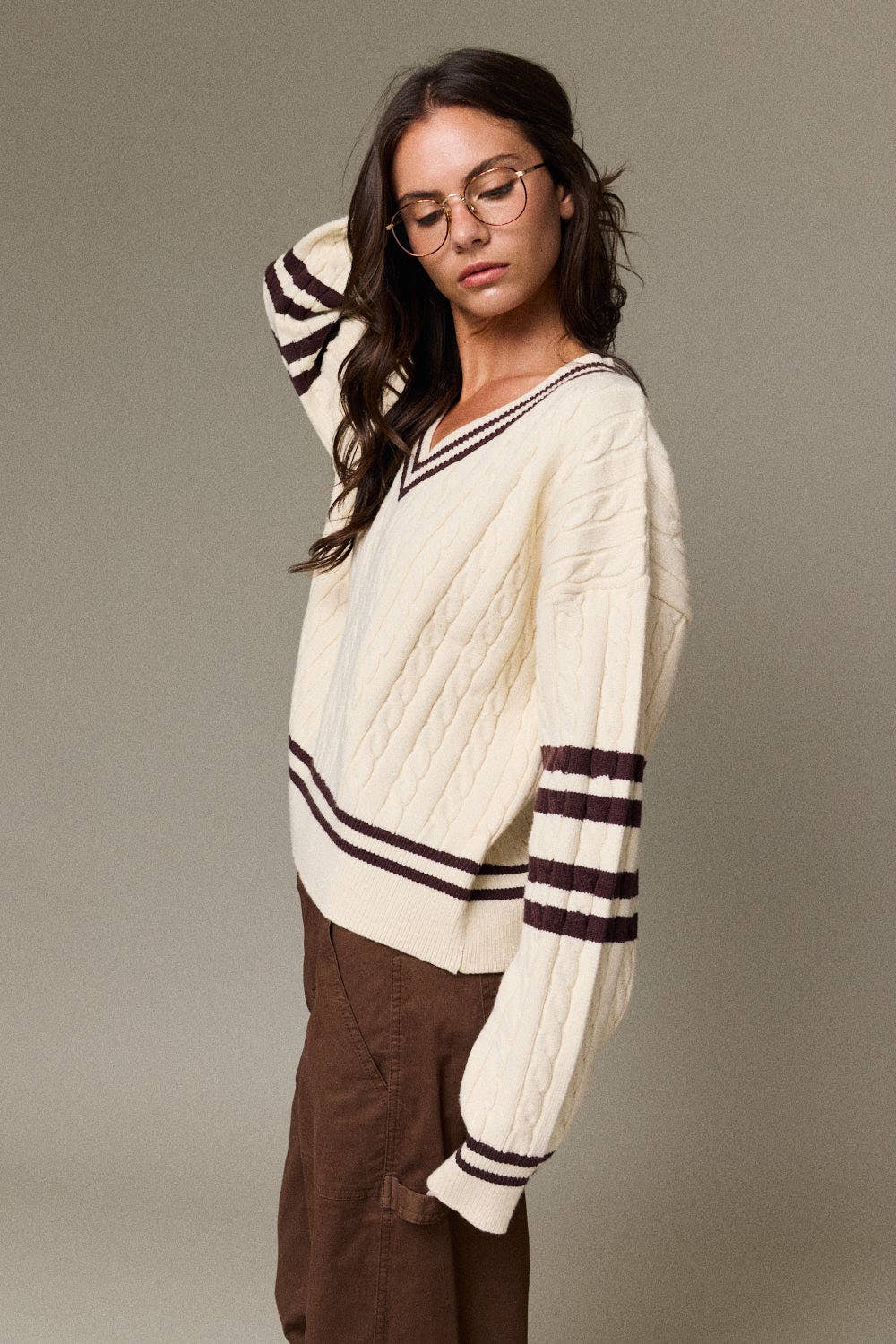 Valentina Cable Knit V-Neck Varsity Sweater