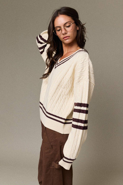 Valentina Cable Knit V-Neck Varsity Sweater