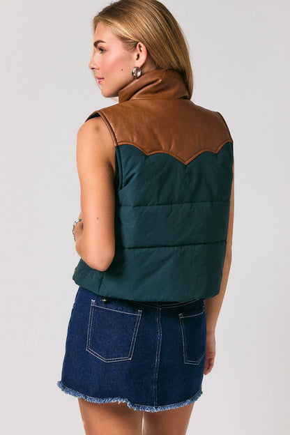 WESTERN FAUX LEATHER CONTRAST PADDED VEST