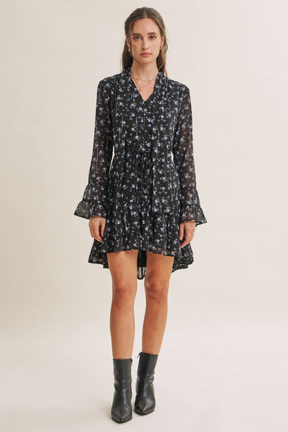 MIDNIGHT SHIMMER DITSY FLORAL NECK TIE RUFFLE MINI DRESS