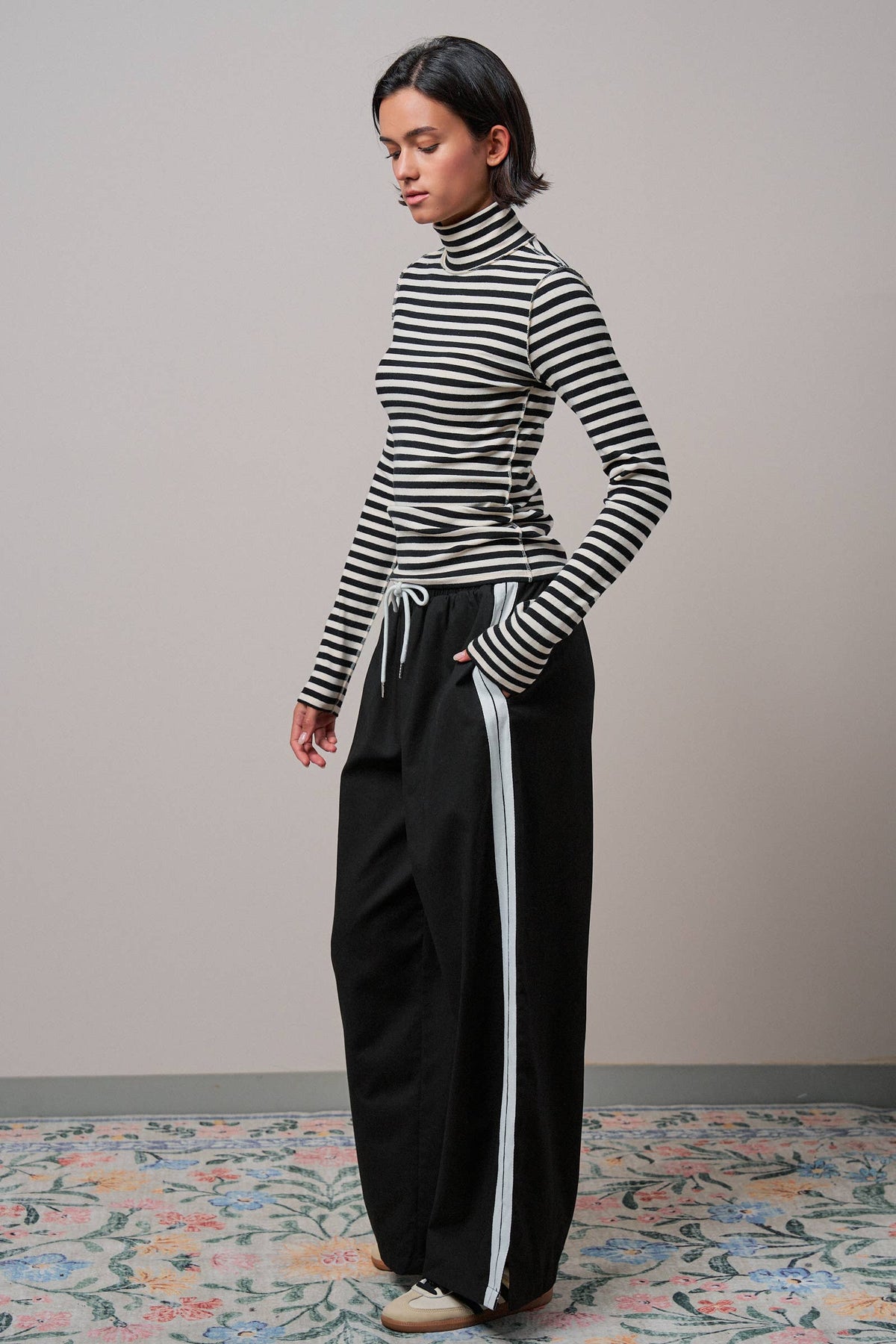 Wide Leg Side Stripe Linen Track Pant