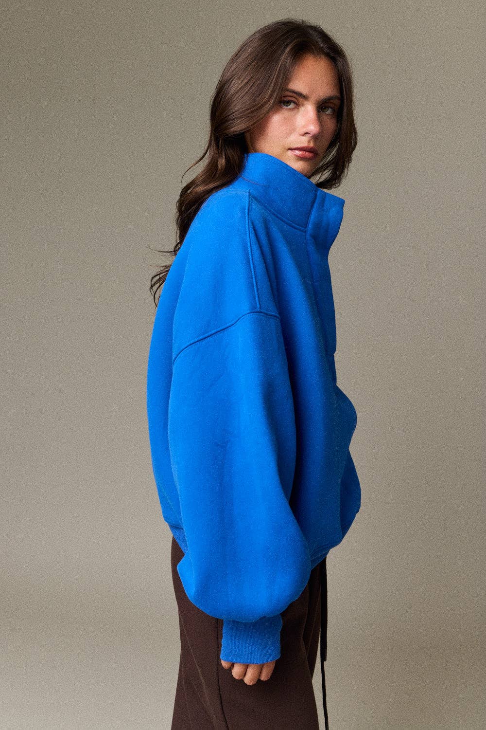 High Collar Half Button-Up Relaxed Fit Pullover