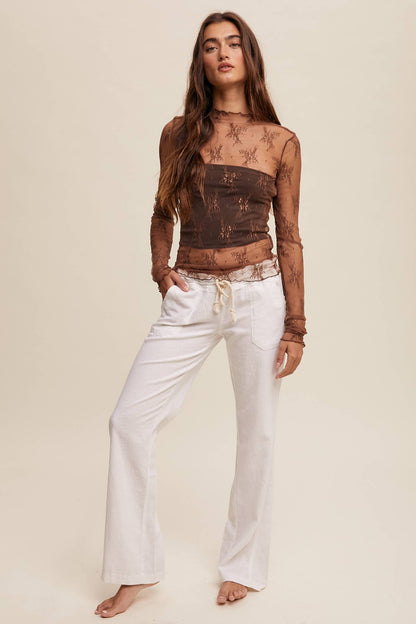 Sheer Lace Long-Sleeve  Mocha