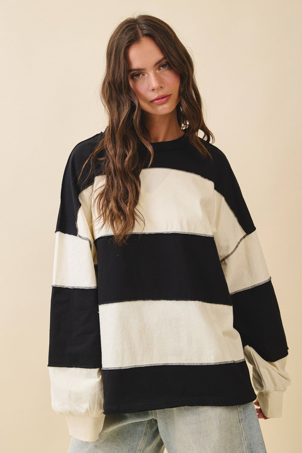 8551GN Oversized Color Block Long Sleeve Pullover: White Brownie / Contemporary / M