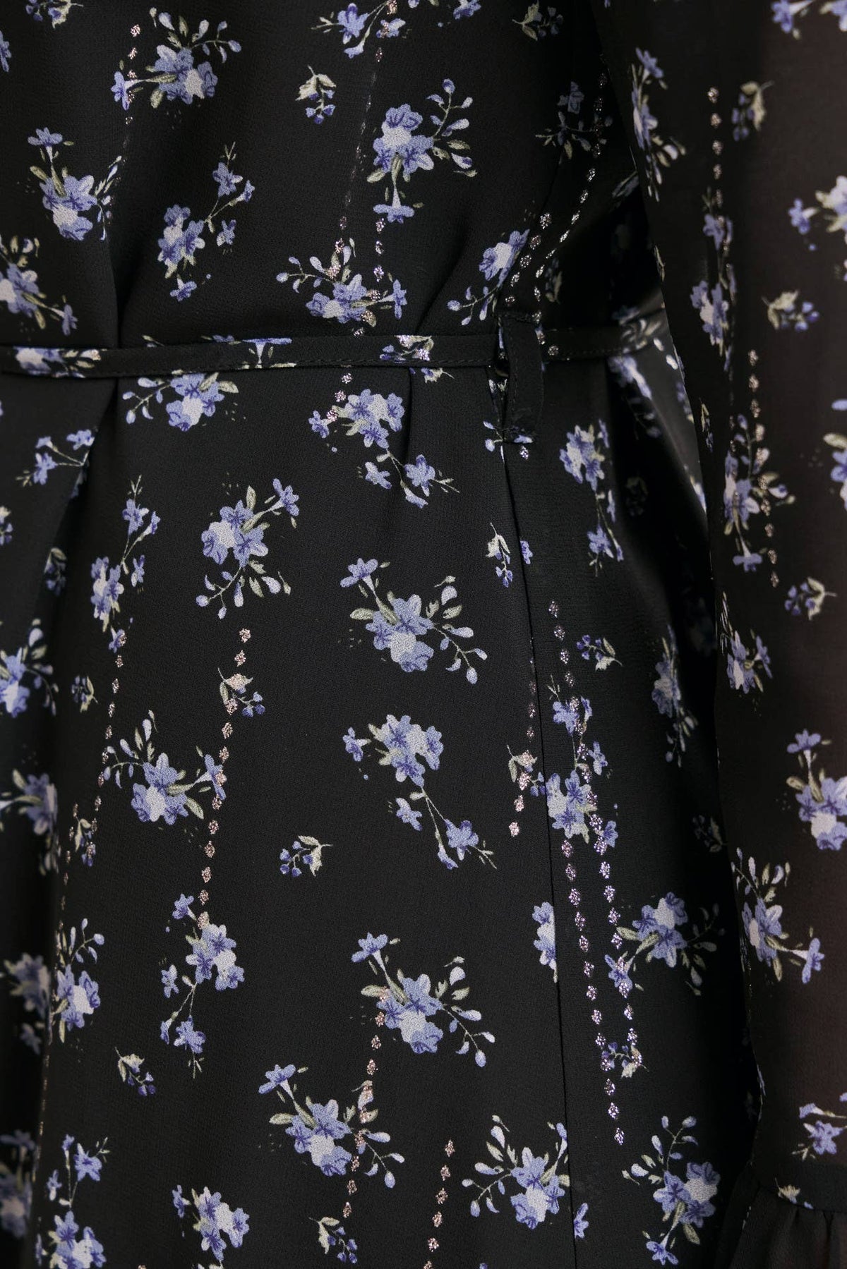 MIDNIGHT SHIMMER DITSY FLORAL NECK TIE RUFFLE MINI DRESS