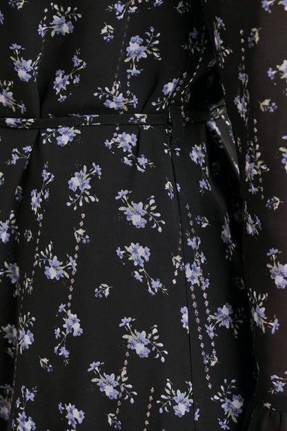 MIDNIGHT SHIMMER DITSY FLORAL NECK TIE RUFFLE MINI DRESS
