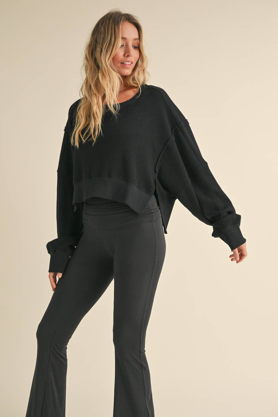 Cropped Waffle Knit Oversized Long Sleeve