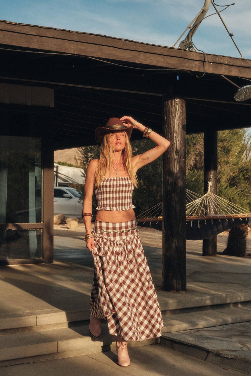 Gingham Plaid Smocked Cropped Ruffle Cami Top