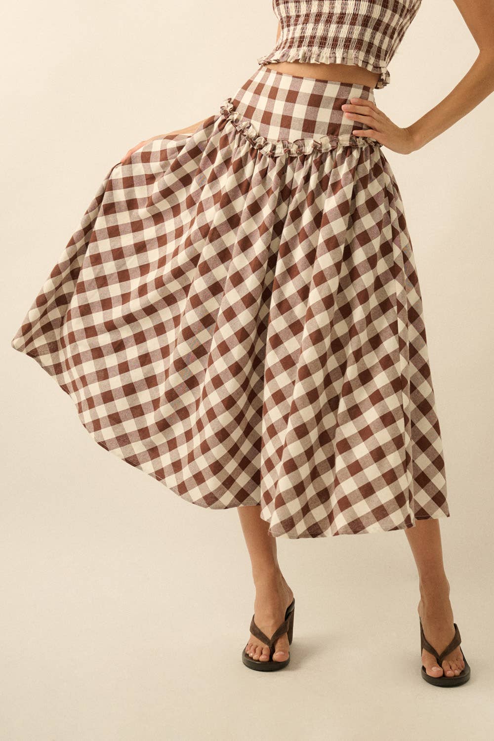 Gingham Plaid Drop-Waist Ruffle Midi Skirt