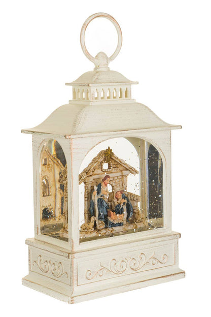 Musical White Led Lantern Snow Globe With Nativity Scene