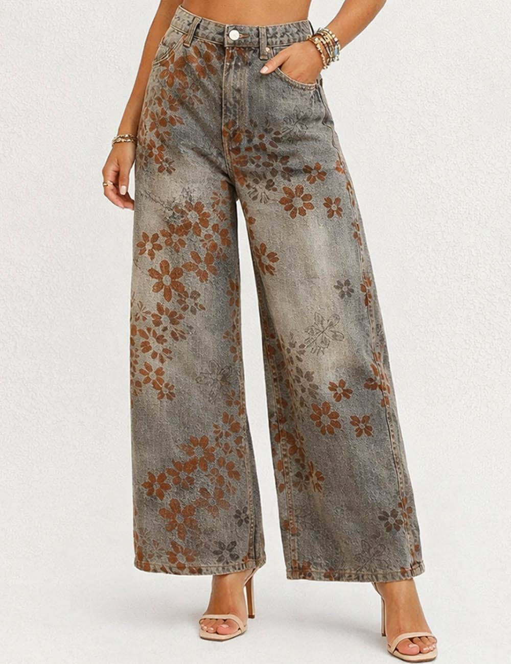 Floral Print Fleece Lined Wide Leg Denim Pants