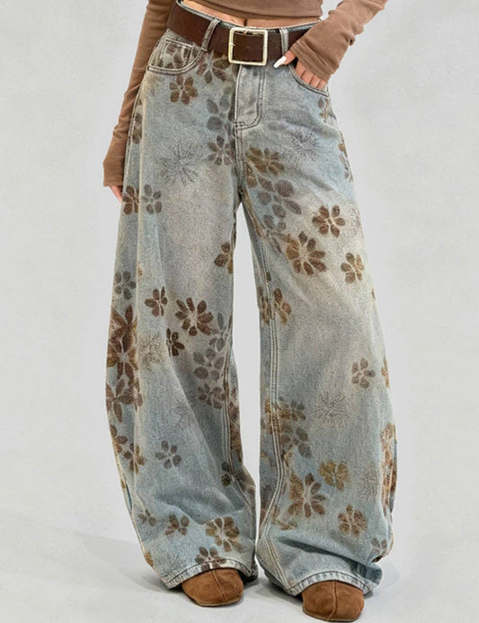 Floral Print Fleece Lined Wide Leg Denim Pants