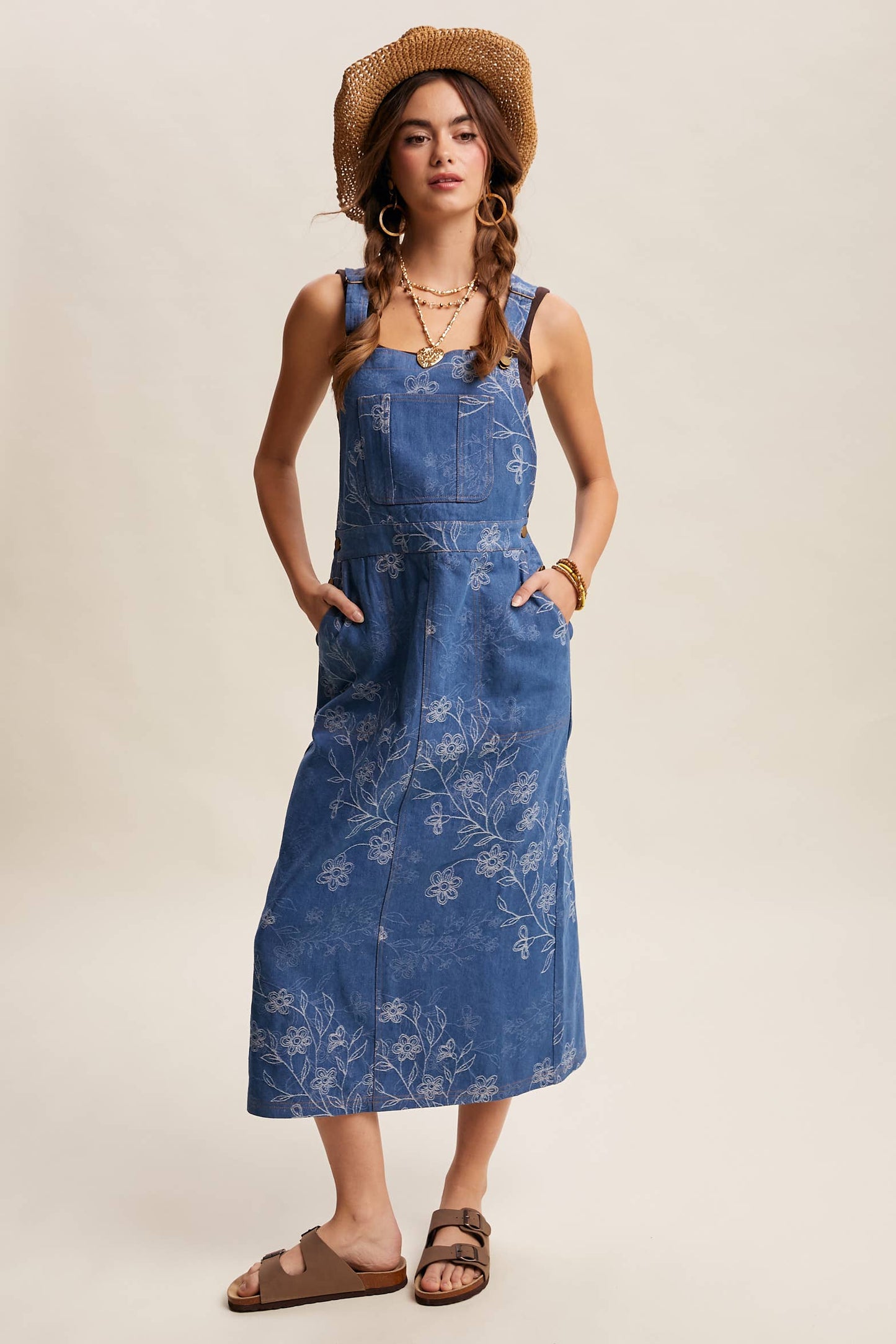 Floral Embroidered Denim Overall Dress