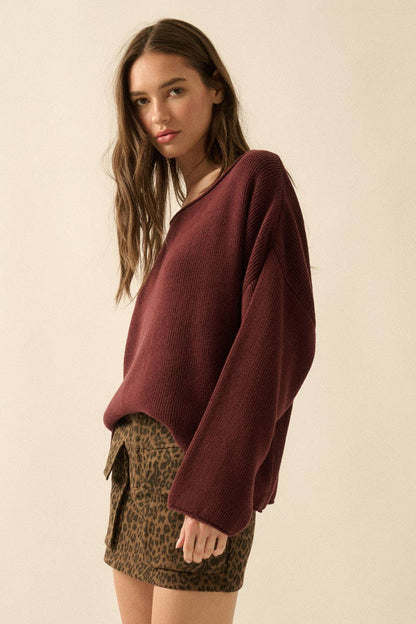 Solid Rib-Knit Oversized Boatneck Sweater
