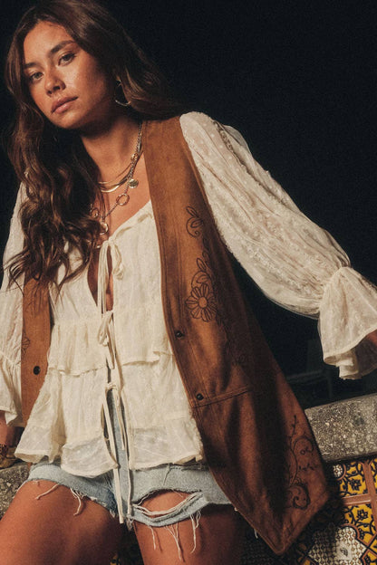 Floral-Embroidered Faux Suede Vest